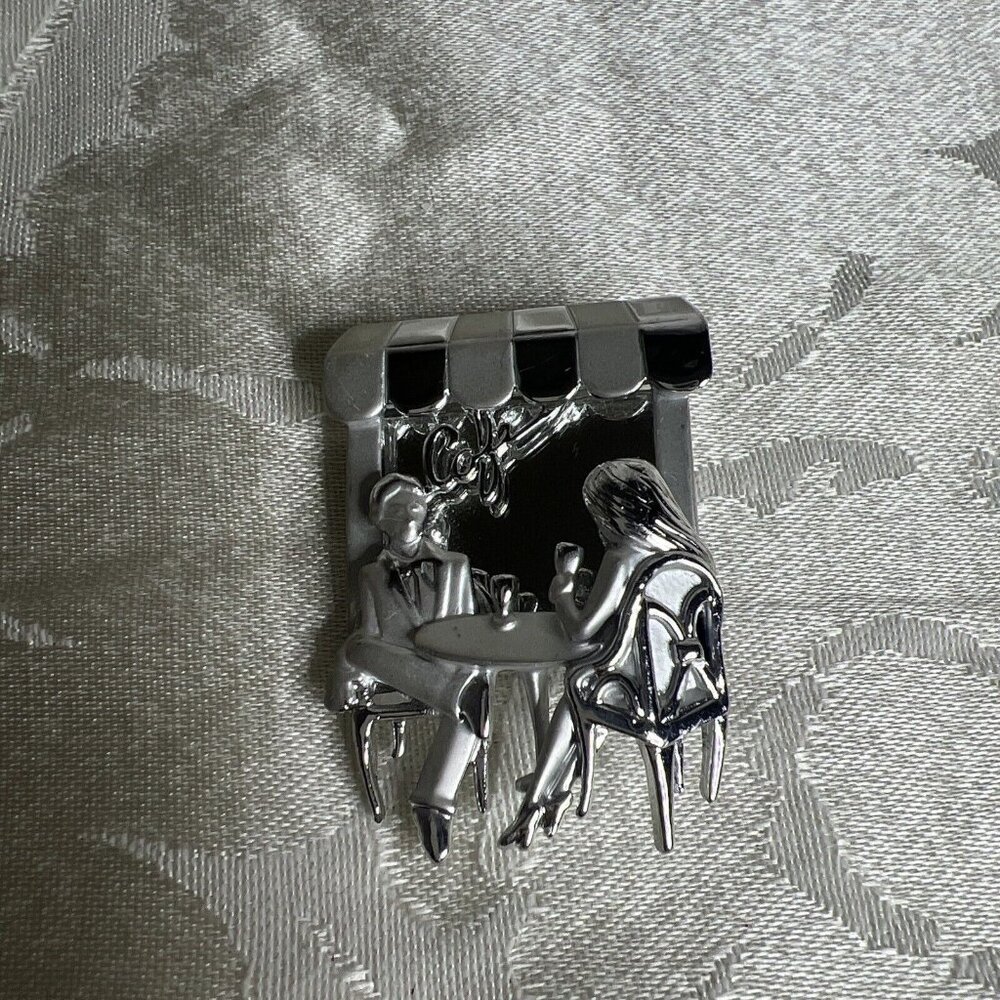 Vintage‎ Signed A.J.C Silver Tone Couple At Cafe Mirror Window 2"  Brooch Pin